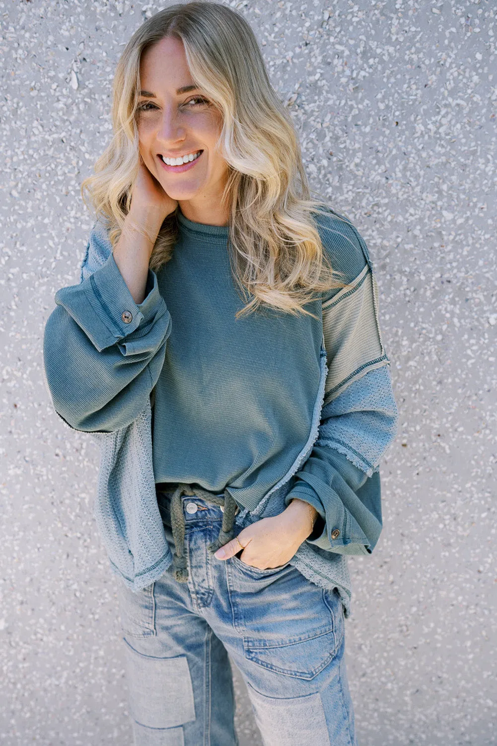 Dusk Blue Colorblock Stitching Patchwork Buttoned Long Sleeve Top