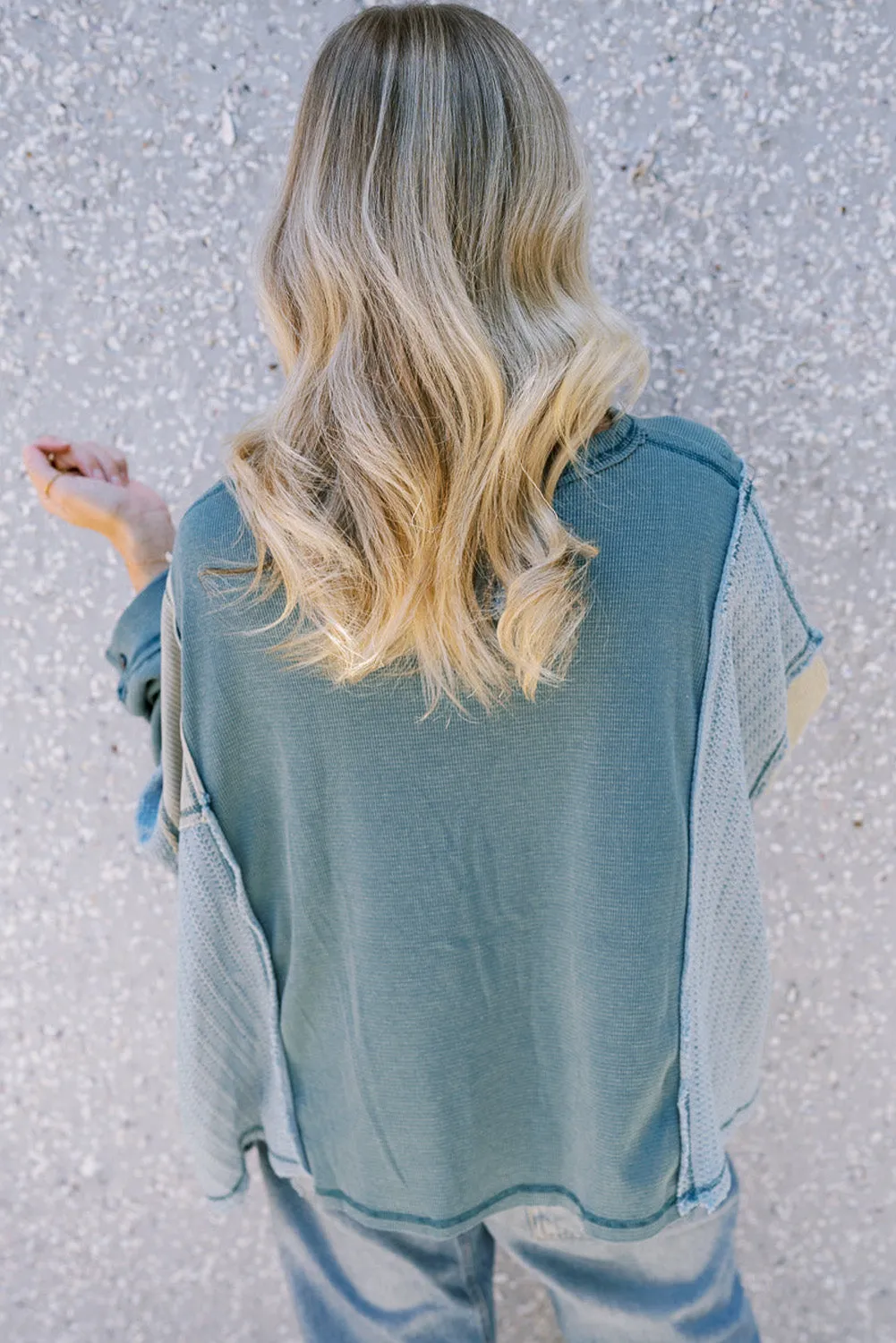 Dusk Blue Colorblock Stitching Patchwork Buttoned Long Sleeve Top