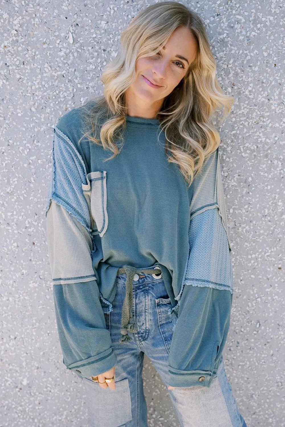Dusk Blue Colorblock Stitching Patchwork Buttoned Long Sleeve Top