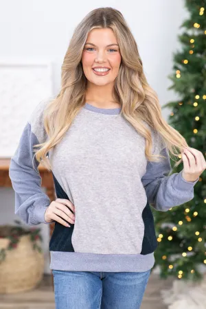 Dusty Blue and Grey Colorblock Knit Top