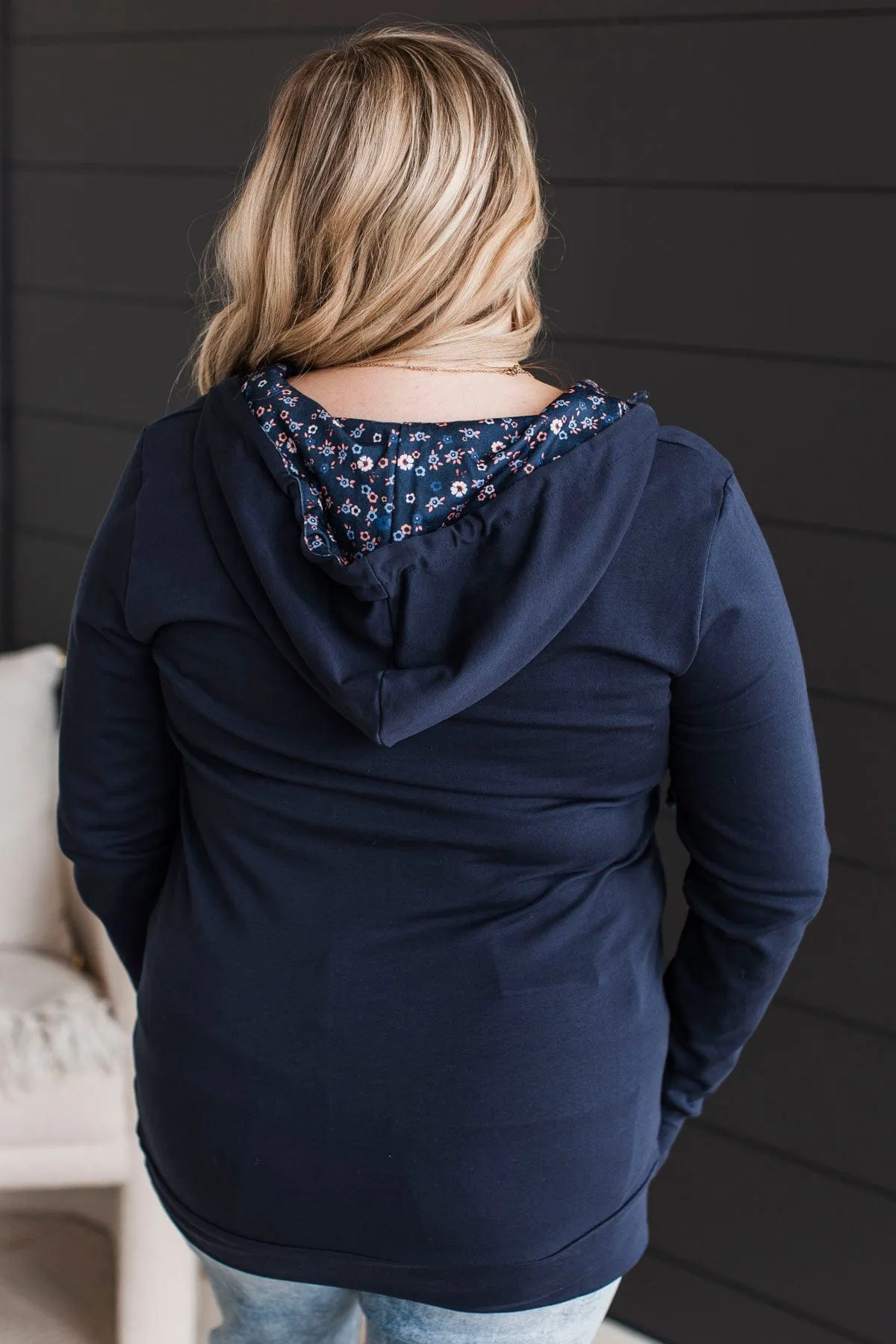 Easy To Love Quarter Zip Hoodie- Navy Floral