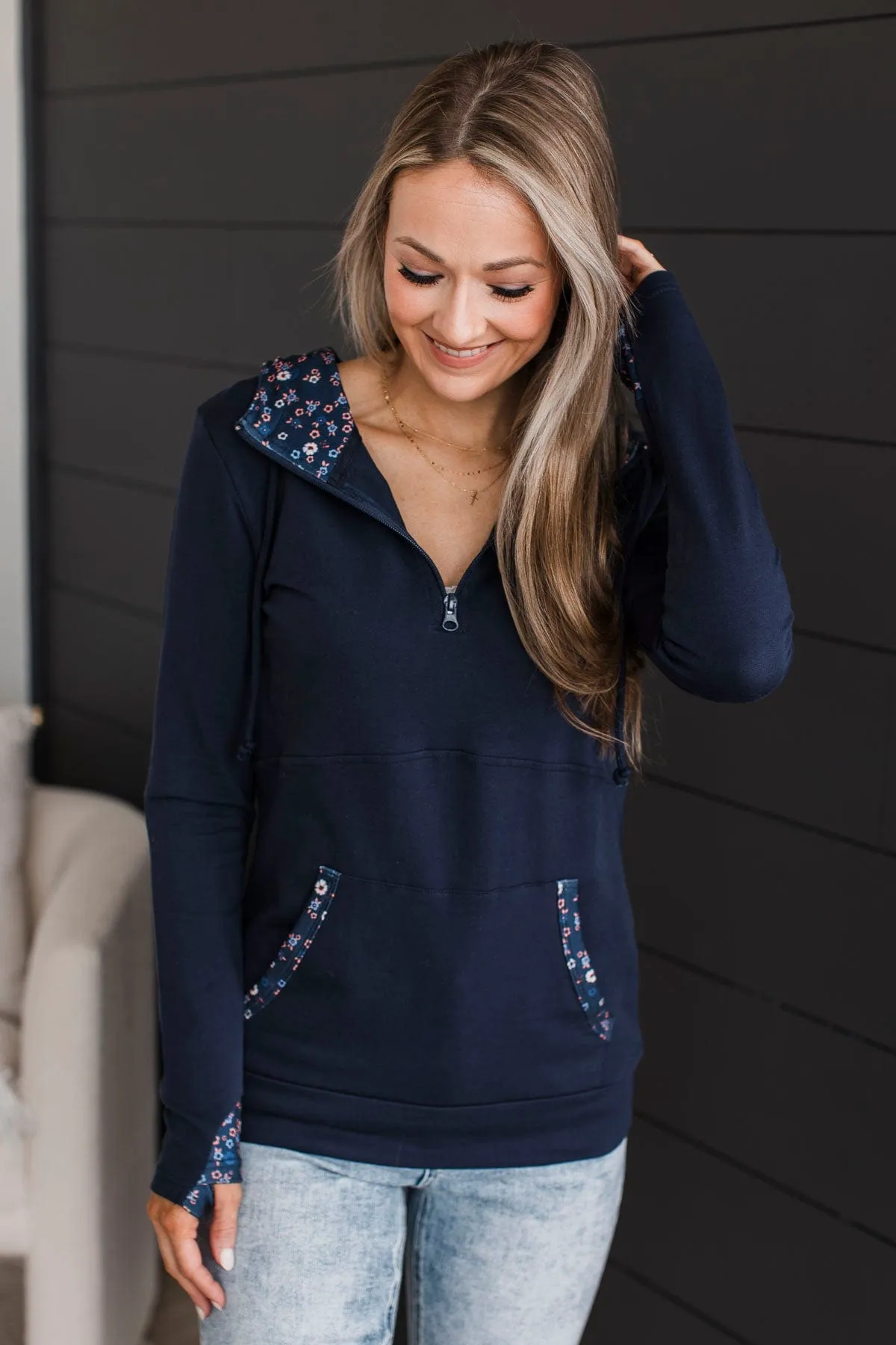 Easy To Love Quarter Zip Hoodie- Navy Floral
