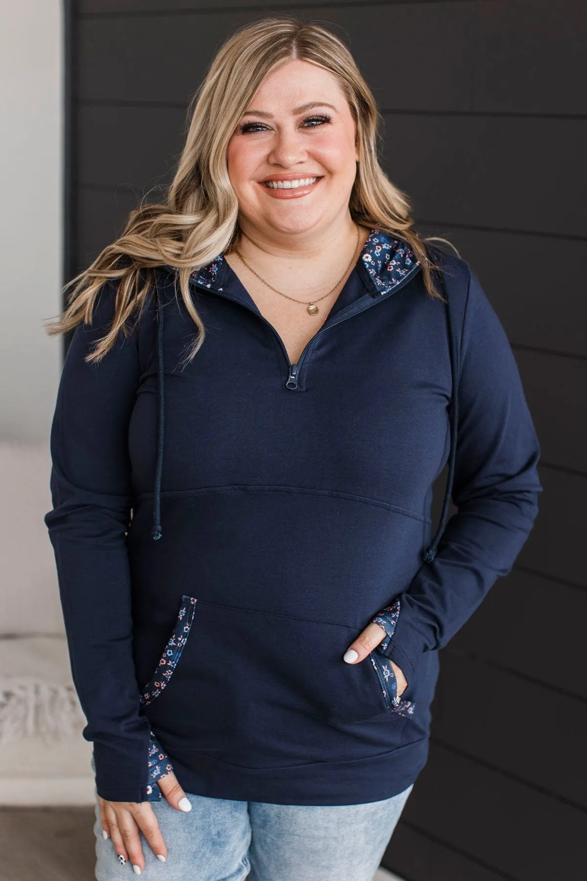 Easy To Love Quarter Zip Hoodie- Navy Floral