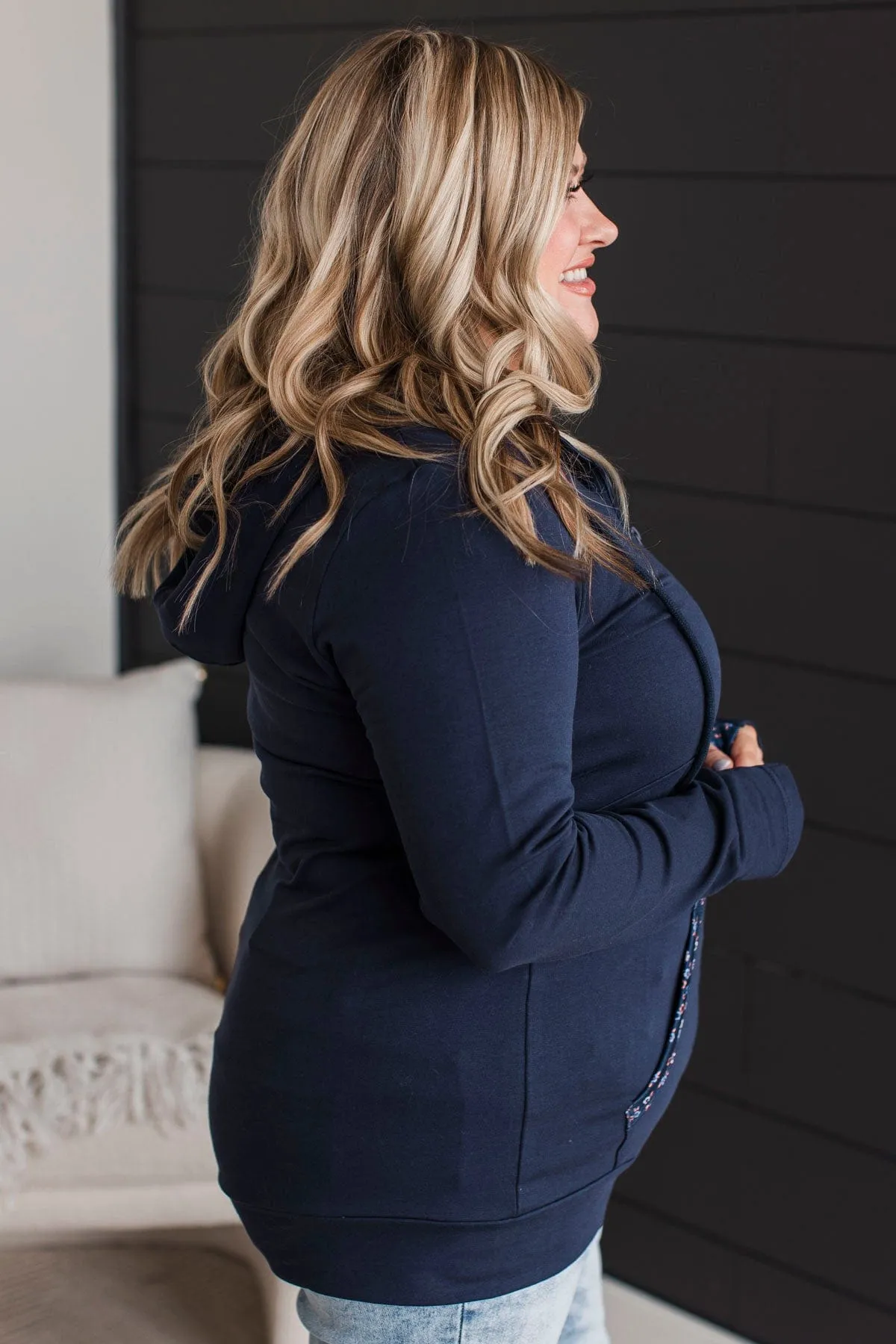 Easy To Love Quarter Zip Hoodie- Navy Floral