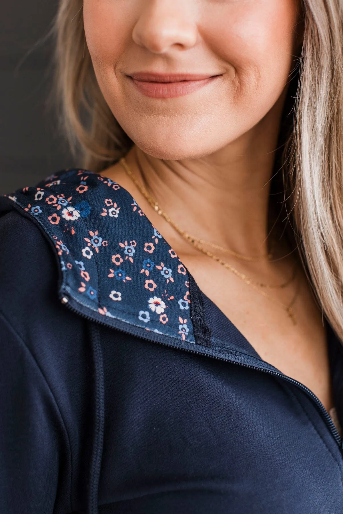 Easy To Love Quarter Zip Hoodie- Navy Floral