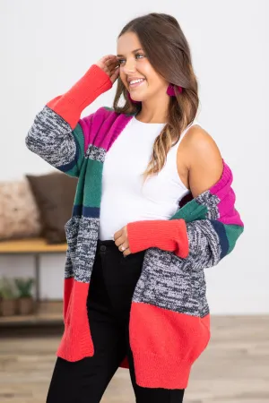 Emerald Green and Fuchsia Colorblock Cardigan