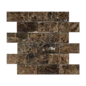 Emperador Dark Spanish Marble 2 X 4 Brick Mosaic Tile, Polished and Deep Beveled