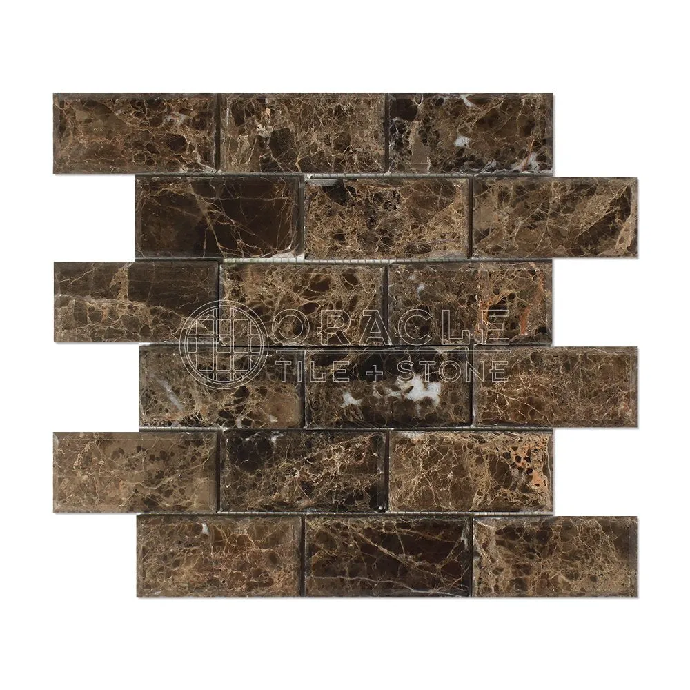 Emperador Dark Spanish Marble 2 X 4 Brick Mosaic Tile, Polished and Deep Beveled