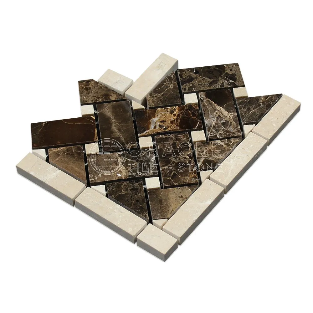 Emperador Dark Spanish Marble Basketweave Border Corner Tile with Crema Marfil Marble Dots, Polished