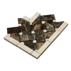 Emperador Dark Spanish Marble Basketweave Border Corner Tile with Crema Marfil Marble Dots, Polished