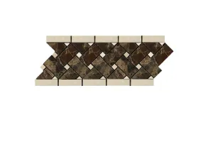 Emperador Dark Spanish Marble Basketweave Border Mosaic Tile with Crema Marfil Marble Dots, Polished