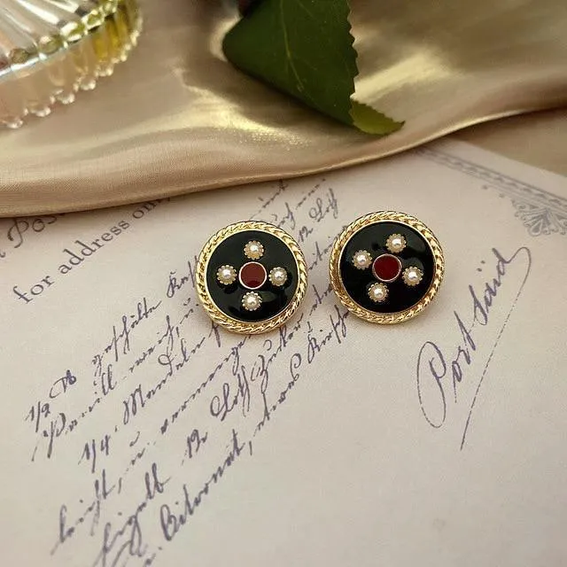 Enamel Pearl Rhinestone Round Stud Earrings
