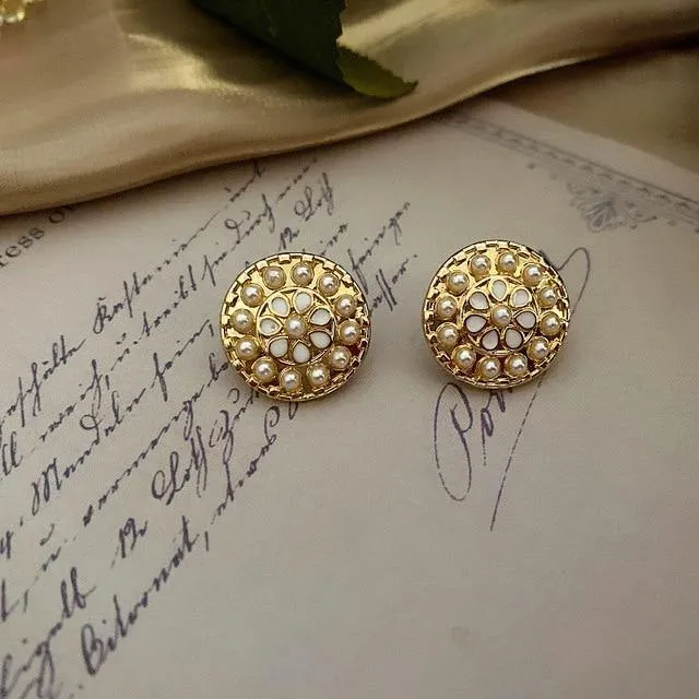 Enamel Pearl Rhinestone Round Stud Earrings