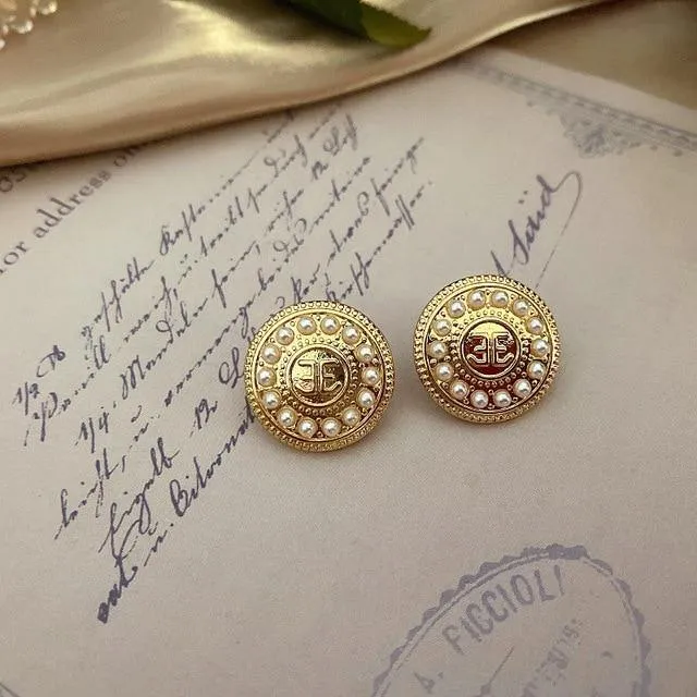Enamel Pearl Rhinestone Round Stud Earrings