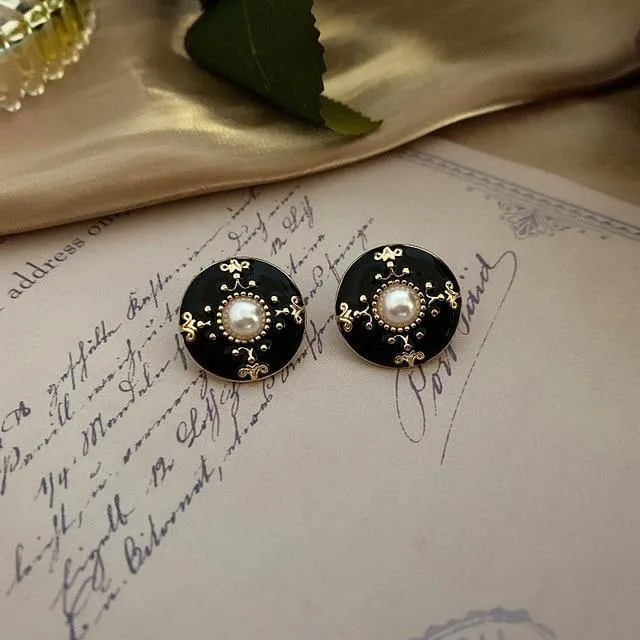 Enamel Pearl Rhinestone Round Stud Earrings