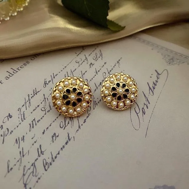 Enamel Pearl Rhinestone Round Stud Earrings