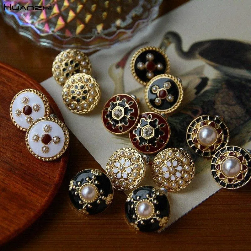 Enamel Pearl Rhinestone Round Stud Earrings