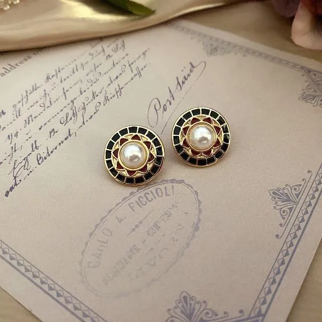 Enamel Pearl Rhinestone Round Stud Earrings