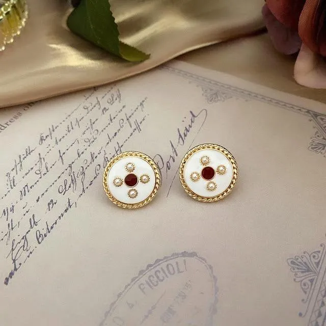 Enamel Pearl Rhinestone Round Stud Earrings
