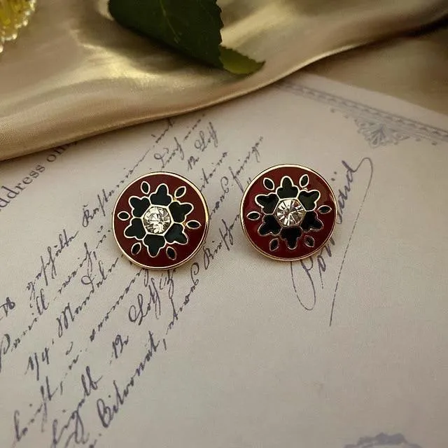 Enamel Pearl Rhinestone Round Stud Earrings