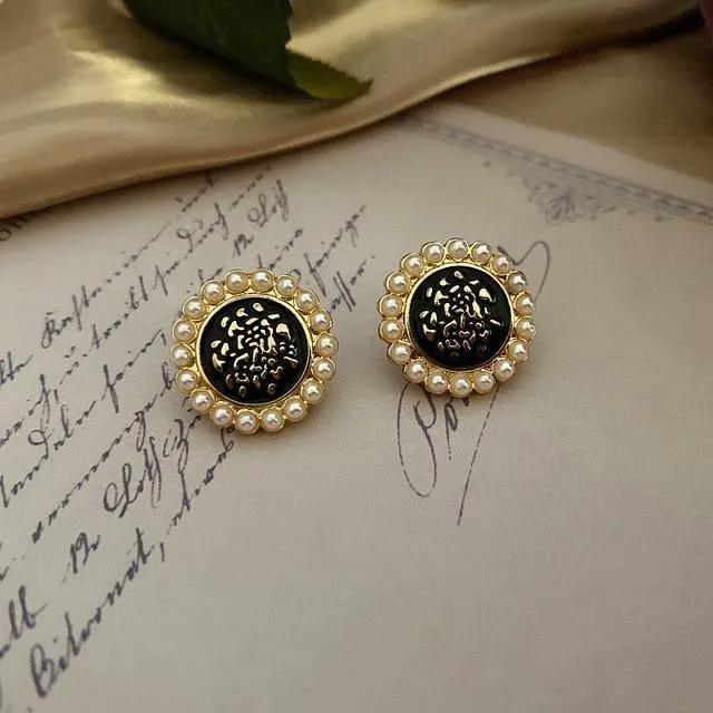 Enamel Pearl Rhinestone Round Stud Earrings