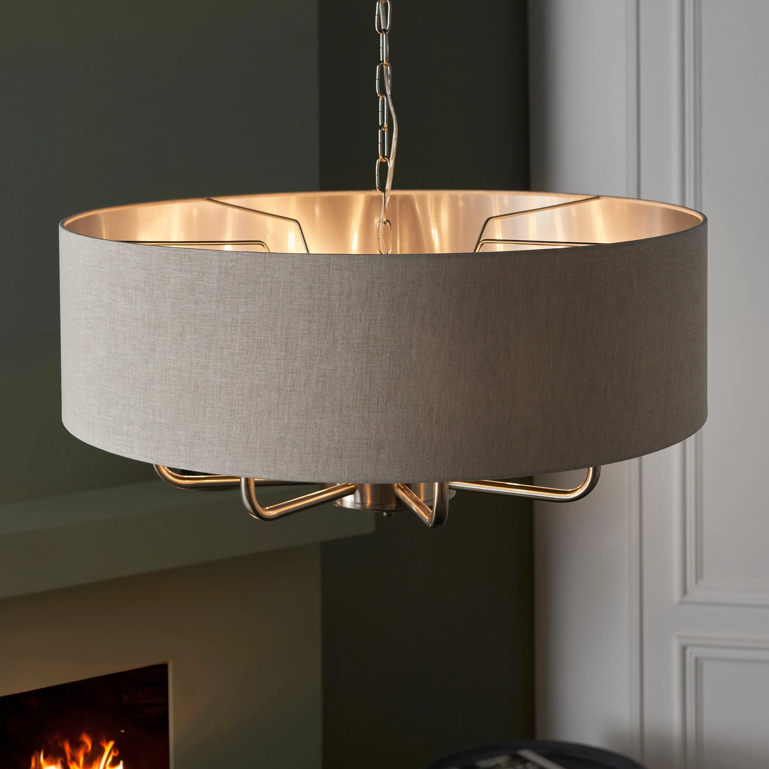 Endon 99152 Highclere 8lt Pendant Brushed chrome plate & natural linen 8 x 40W E14 candle (Required)