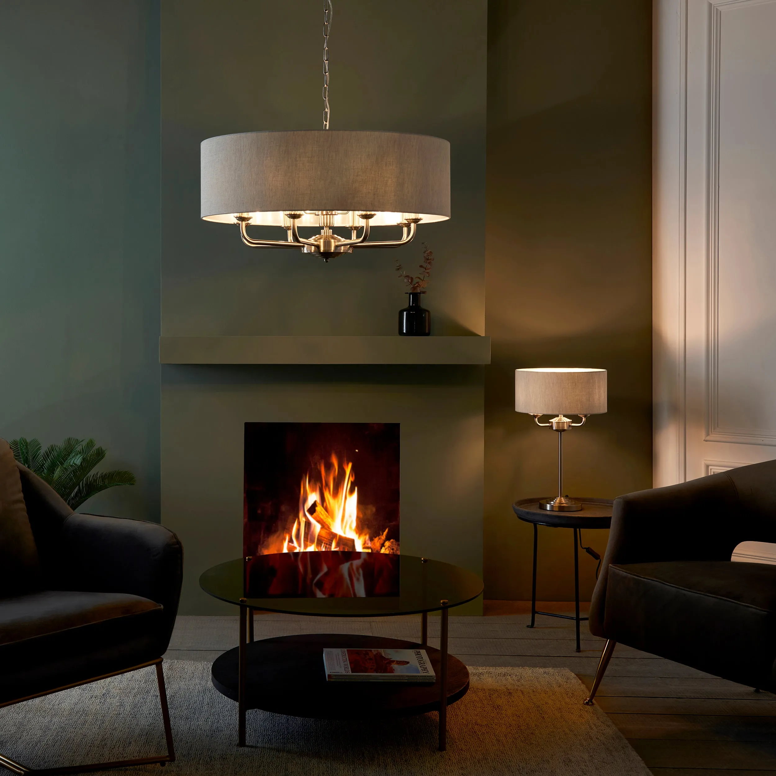 Endon 99152 Highclere 8lt Pendant Brushed chrome plate & natural linen 8 x 40W E14 candle (Required)