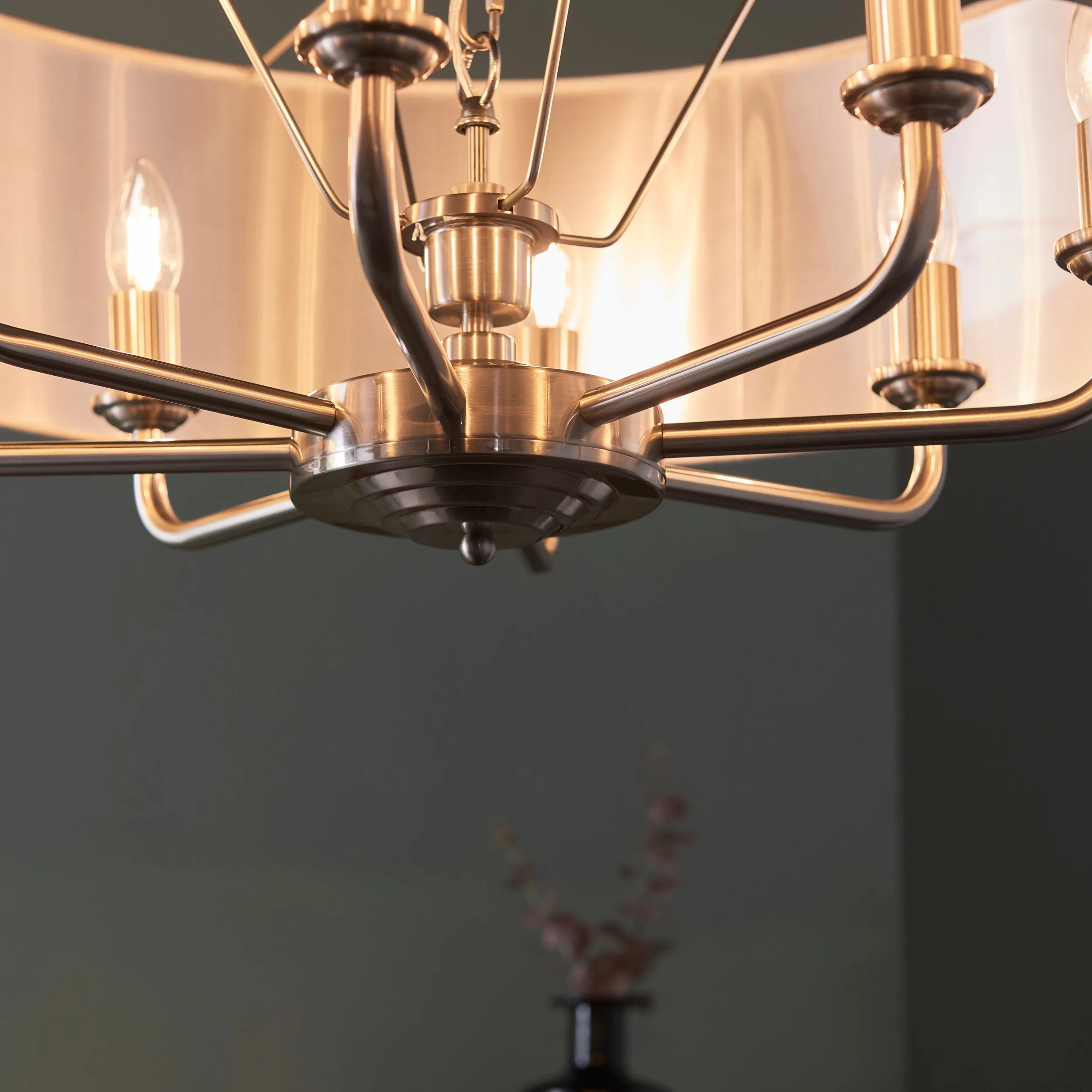 Endon 99152 Highclere 8lt Pendant Brushed chrome plate & natural linen 8 x 40W E14 candle (Required)