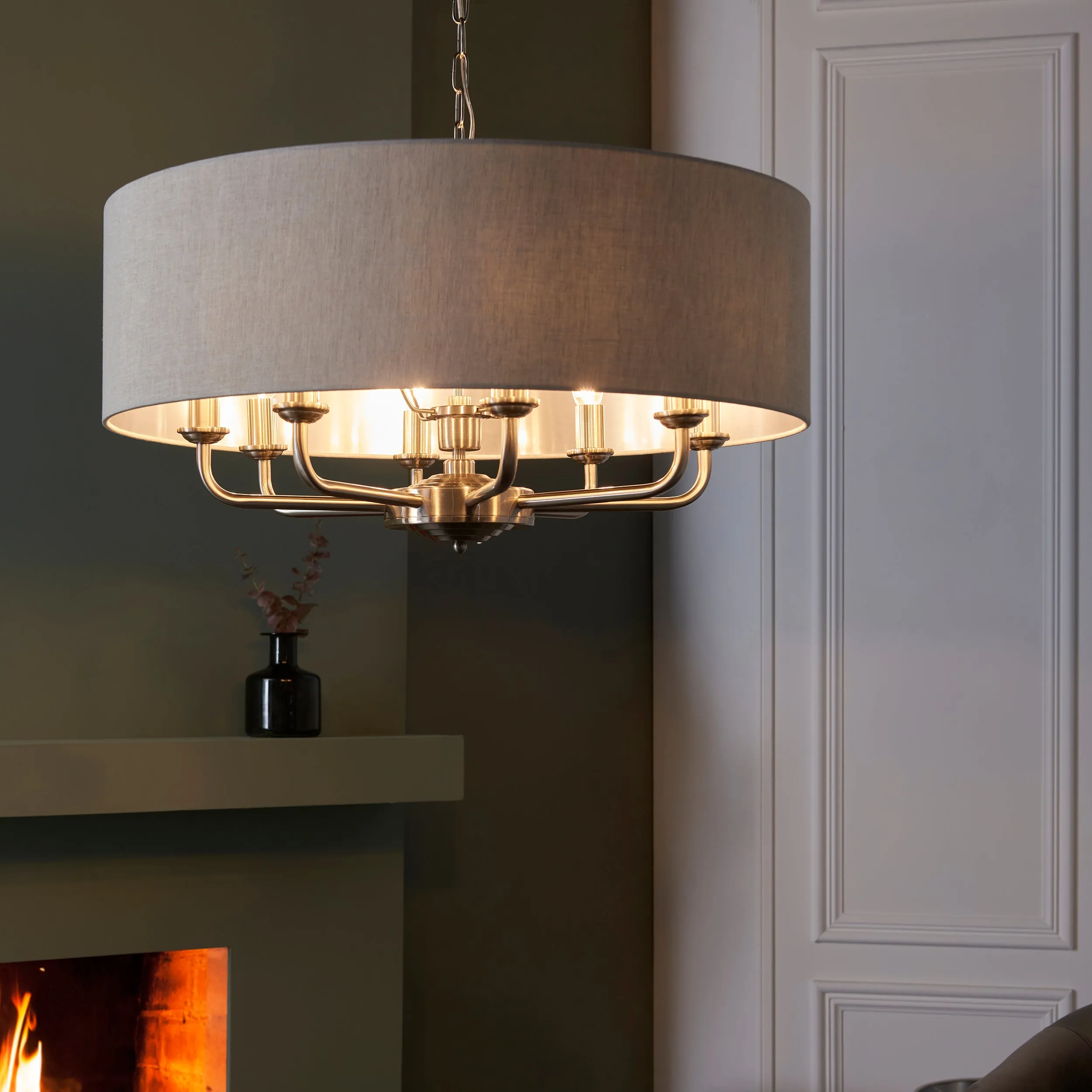 Endon 99152 Highclere 8lt Pendant Brushed chrome plate & natural linen 8 x 40W E14 candle (Required)