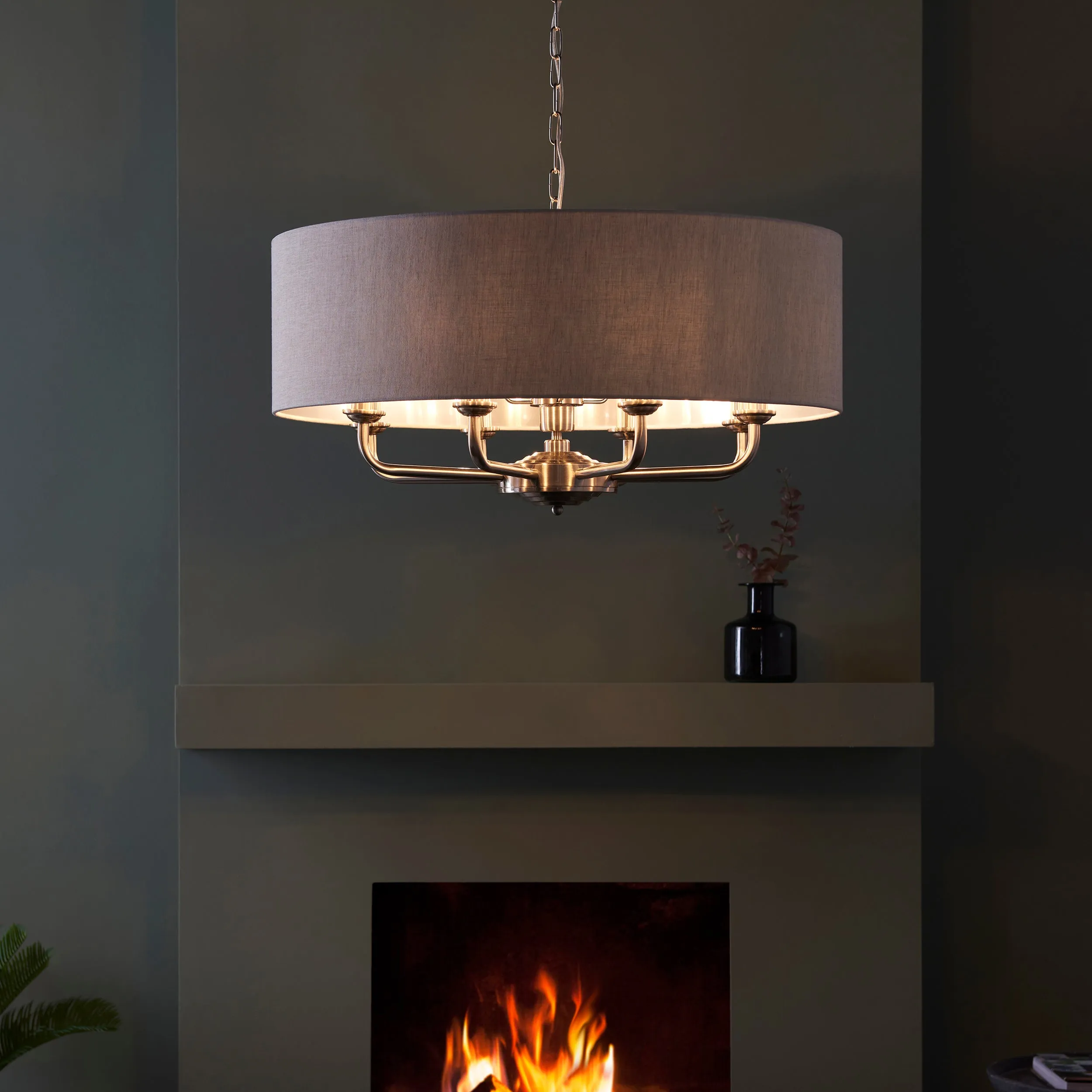 Endon 99152 Highclere 8lt Pendant Brushed chrome plate & natural linen 8 x 40W E14 candle (Required)