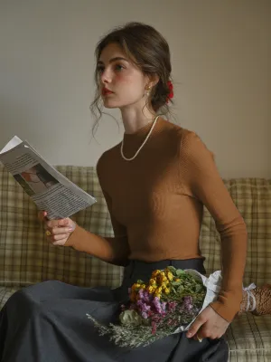Erin 100% Wool Simple Mock Neck Slim Fit Sweater - Brown