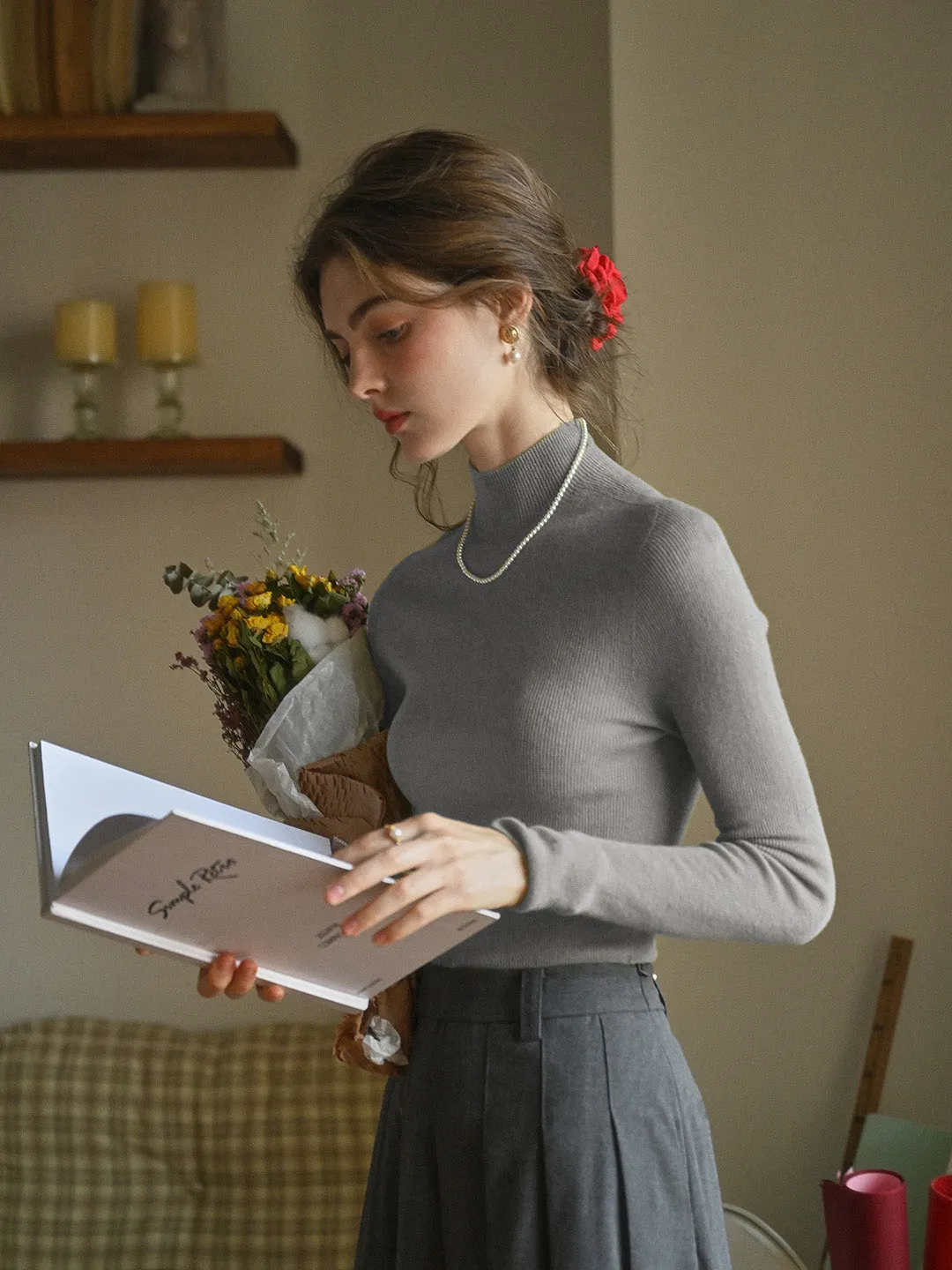 Erin 100% Wool Simple Mock Neck Slim Fit Sweater - Brown