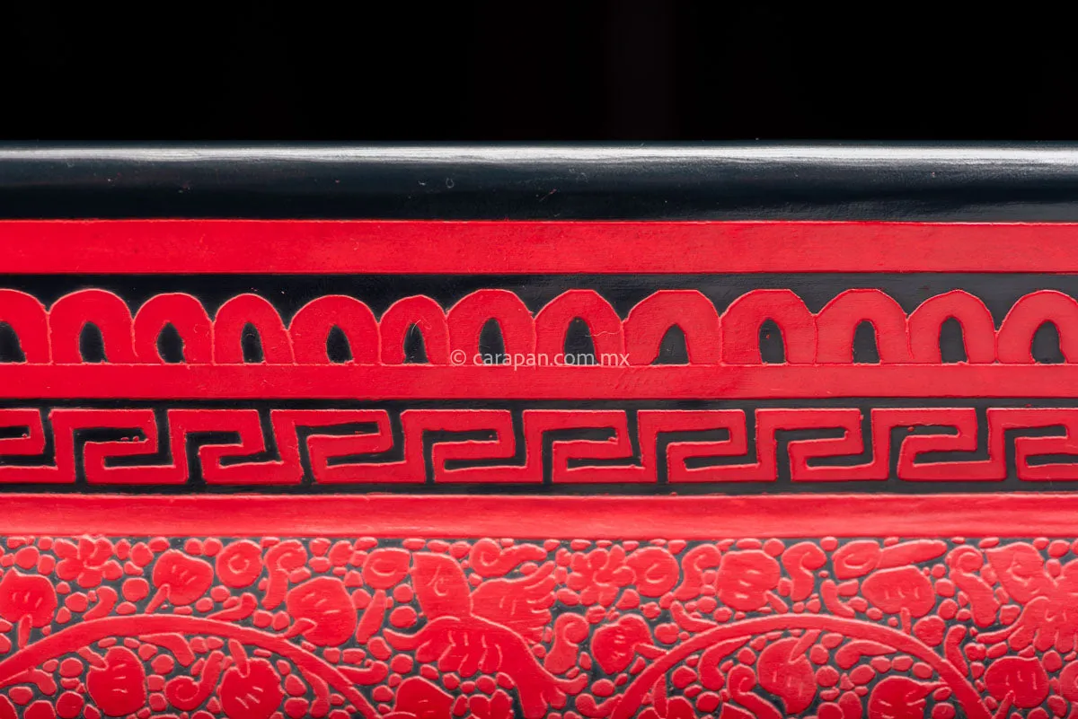 Etched Lacquered Wood Tray Red over Black