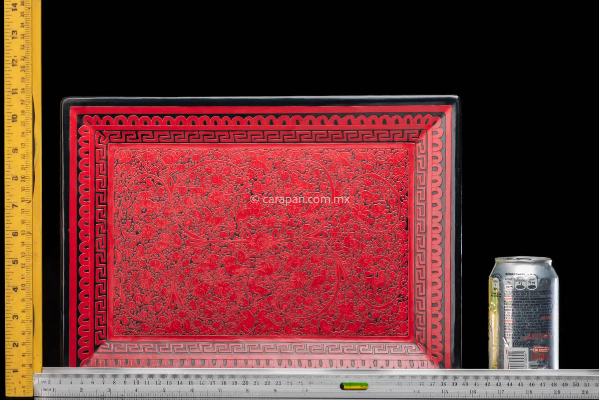 Etched Lacquered Wood Tray Red over Black