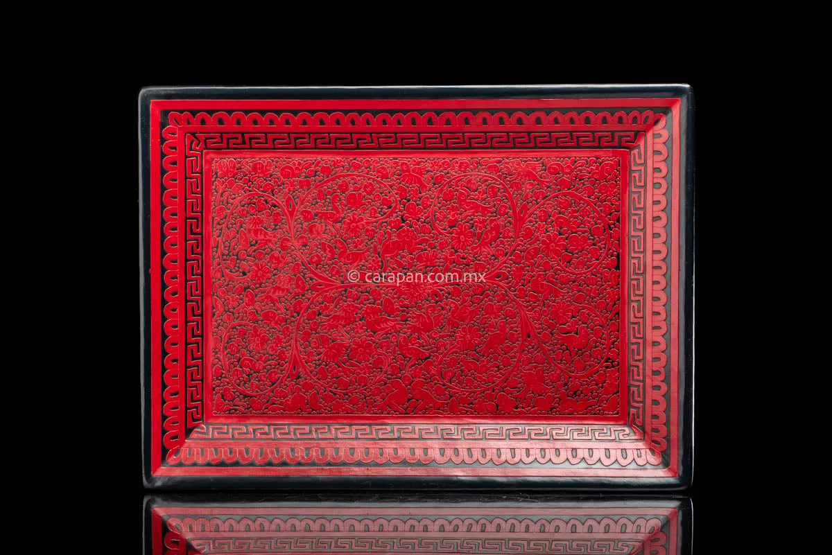 Etched Lacquered Wood Tray Red over Black
