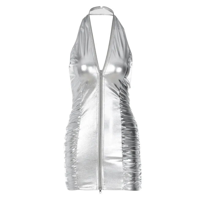 European And American-Style Women's Clothing2023Summer NewpuSolid Color Sexy Halter Zipper Slim-Fit Short Dress for Women