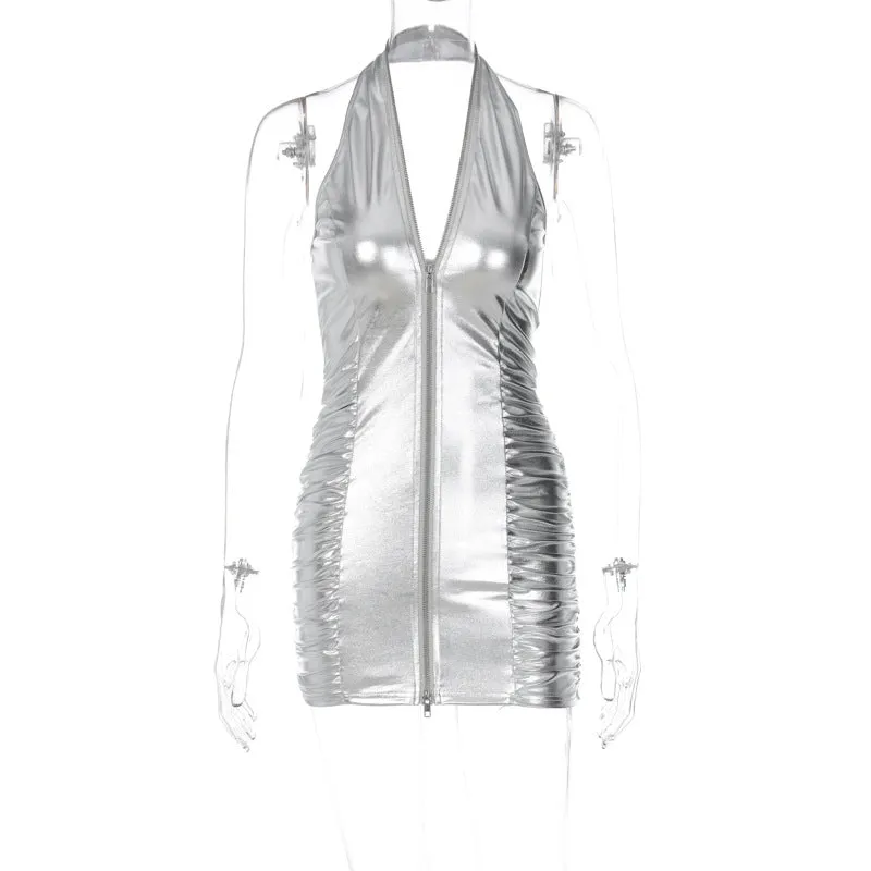 European And American-Style Women's Clothing2023Summer NewpuSolid Color Sexy Halter Zipper Slim-Fit Short Dress for Women
