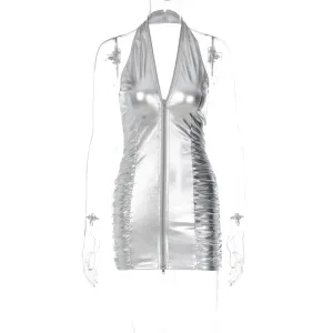 European And American-Style Women's Clothing2023Summer NewpuSolid Color Sexy Halter Zipper Slim-Fit Short Dress for Women
