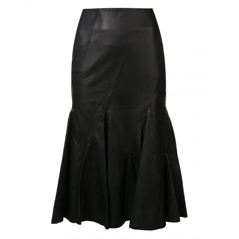 Flared Godet Leather Skirt
