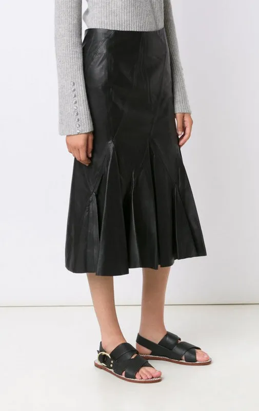 Flared Godet Leather Skirt