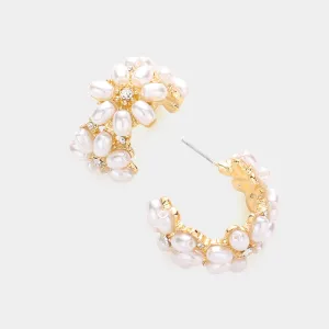 Floral Cream Pearl Embellished Half Hoop Bridal Earrings on Gold | Wedding Earrings | 584134