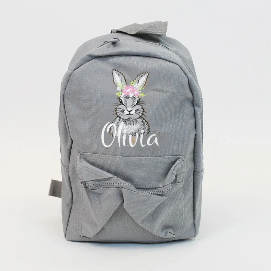 Floral Grey Bunny Personalised Backpack - Various  Coloured Backpacks