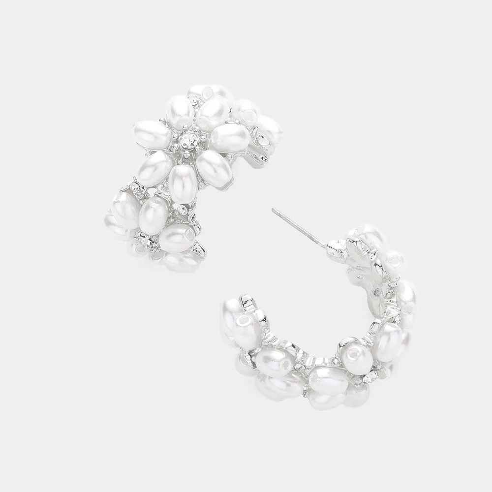 Floral White Pearl Embellished Half Hoop Bridal Earrings | Wedding Earrings | 584135