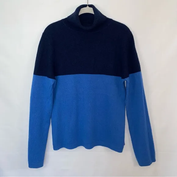 Garnet Hill Women's 100% Cashmere Turtleneck Colorblock Navy Blue Sweater L