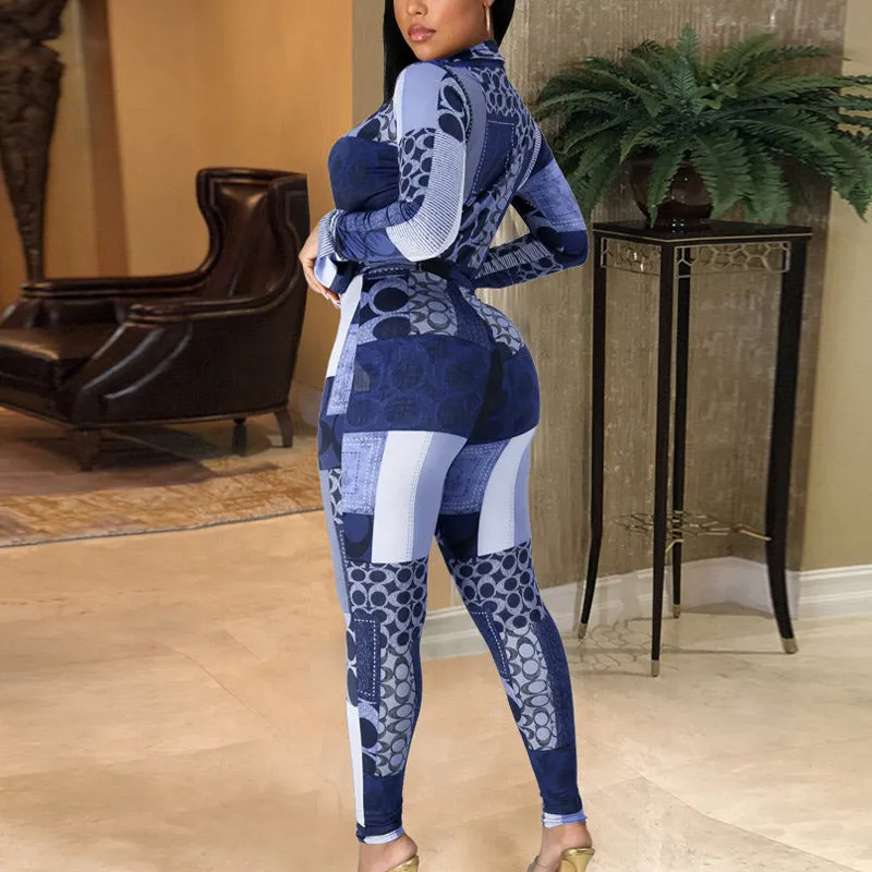 Geometric Print Deep V-Neck Long Sleeve Two Piece Set
