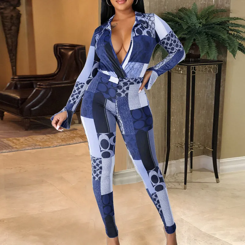 Geometric Print Deep V-Neck Long Sleeve Two Piece Set
