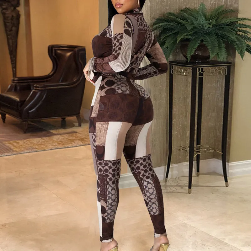 Geometric Print Deep V-Neck Long Sleeve Two Piece Set