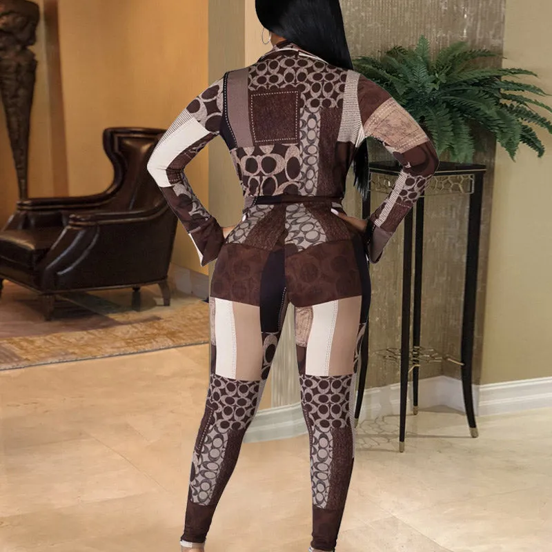 Geometric Print Deep V-Neck Long Sleeve Two Piece Set