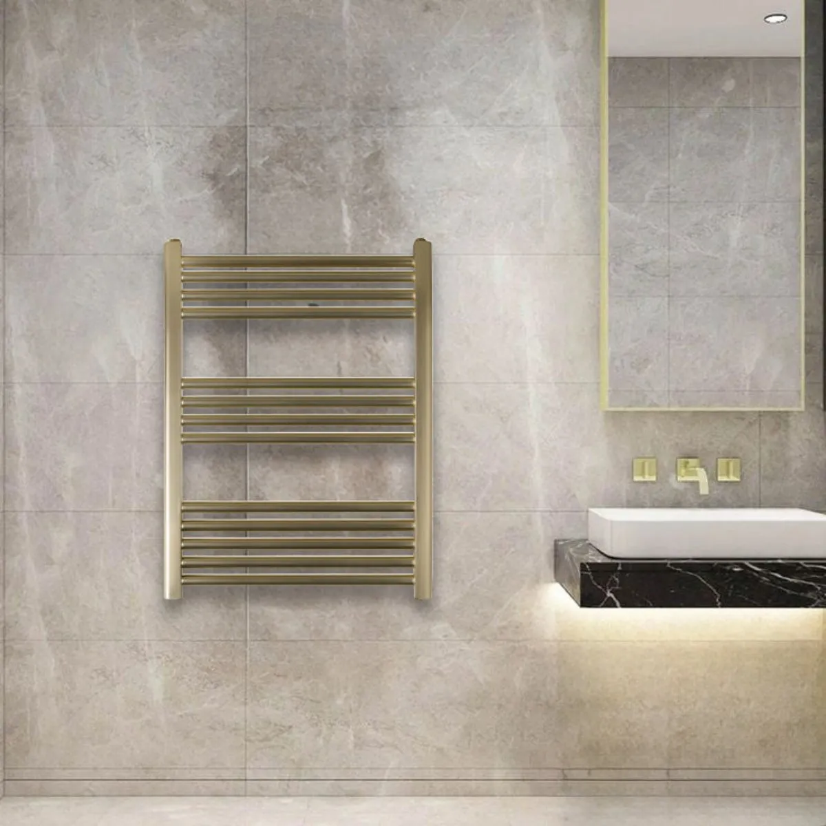 Gold Heated Towel Rail 800mm x 600mm Dual Fuel  – Brushed Brass