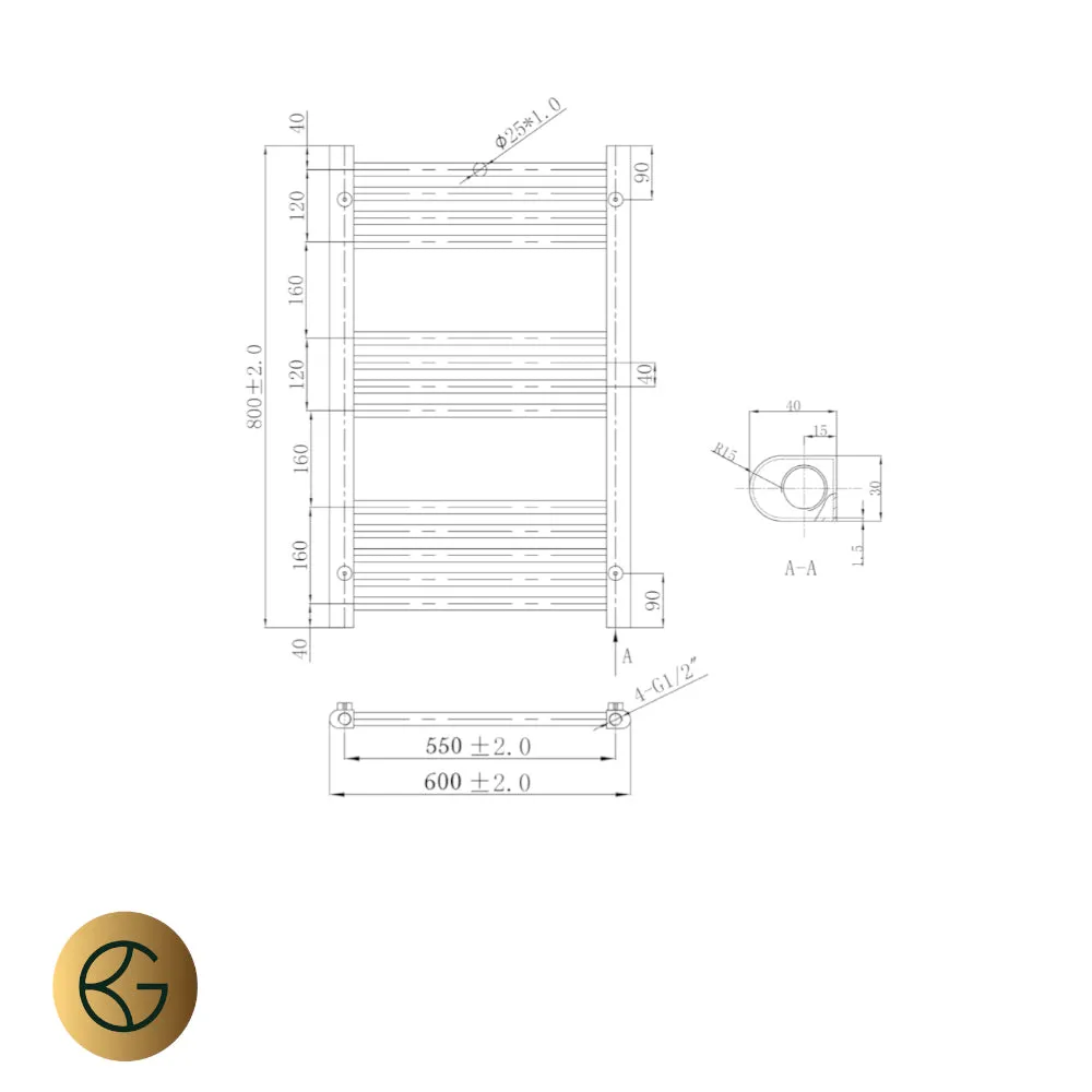 Gold Heated Towel Rail 800mm x 600mm Dual Fuel  – Brushed Brass